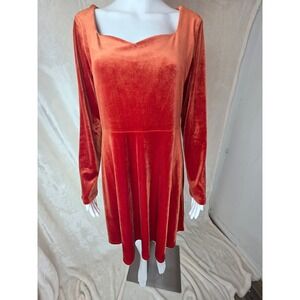 1X Orange Velvet Square Neck Long Sleeve A-Line Dress Plus Size